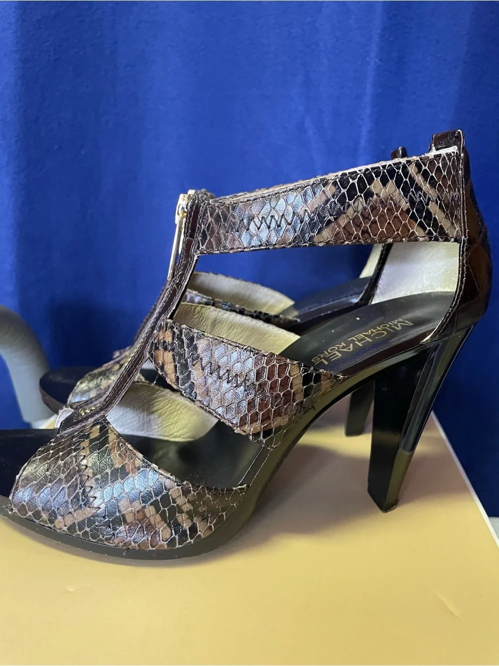 Michael Kors Brown Snake-Print T-Strap Heels with Front Zipper